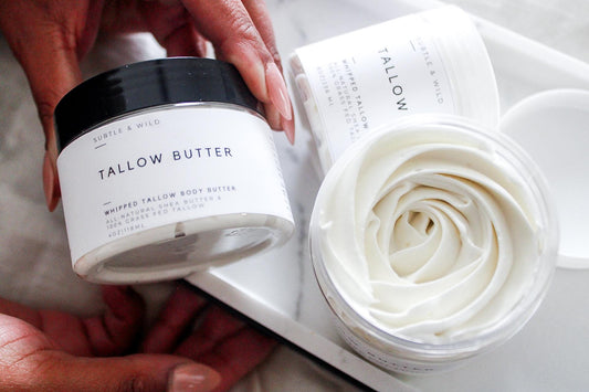 Whipped tallow body butter in glass jar – grass-fed skincare USA